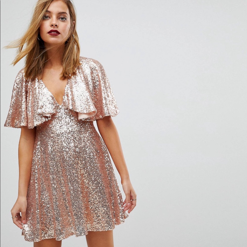 ASOS PETITE Sequin Fluted Sleeve Lace Mini-Dress